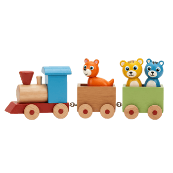 Colorful wooden toy train with animal figures educational play png