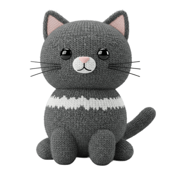 Gray knitted cat plush toy sitting on transparent background png