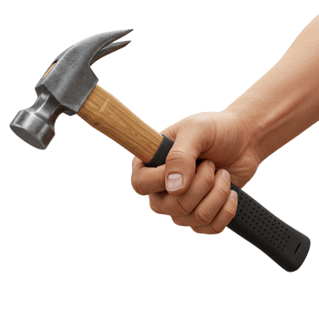 Hand holding hammer tool for construction or repair against transparent background png