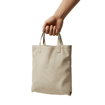 Hand holds beige tote bag isolated on transparent background eco friendly reusable shopping bag png