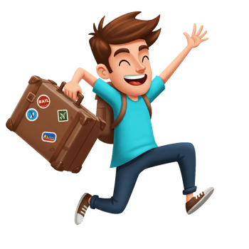Happy traveler with suitcase cartoon illustration for adventure vacation png
