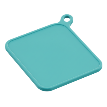 Minimalist turquoise square trivet tile with hanging loop on transparent background png