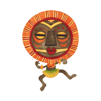Dancing african aborigine in a brown round mask with orange fringe with legs outstretched. Watercolor illustration, hand drawn, cartoon. Drawing for poster, stickers, print. Africa, mask, funny png