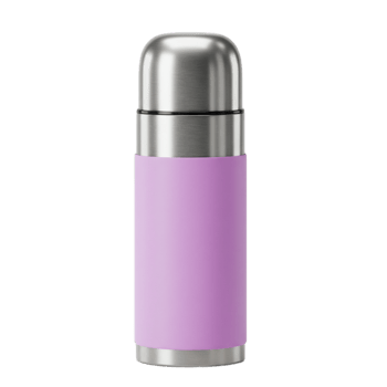 Reusable insulated bottle flask in purple and silver for hot or cold drinks png