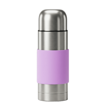 Stainless steel insulated thermos bottle for beverages with purple grip png
