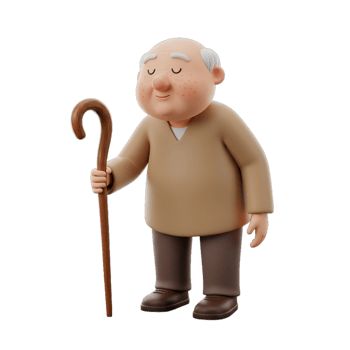 Stylized elderly man character with cane 3 d render illustration png