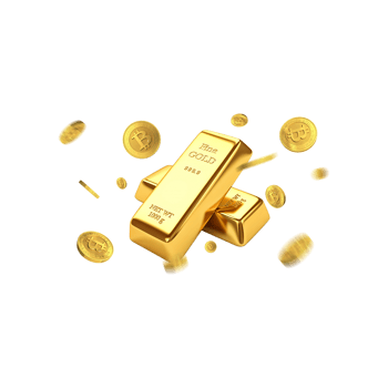 Gold bars and coins are scattered around, isolated on transparent background png