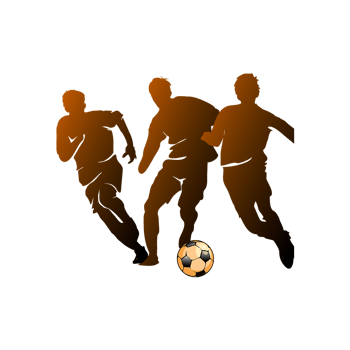 Three soccer players chasing a ball isolated on transparent background in silhouette png