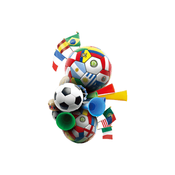A pile of soccer balls with international flags and horns isolated on transparent background png