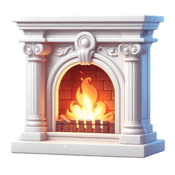 White marble fireplace burning fire inside for warmth png