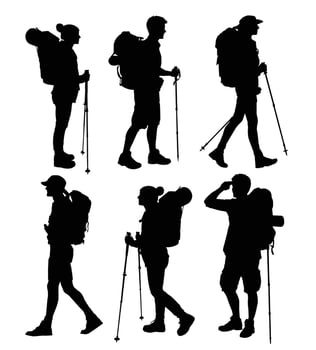 Silhouettes of hikers with backpacks and hiking poles vector