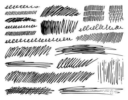 Black ink Hand drawn scribble strokes set. scrawl elements isolated on white background vector