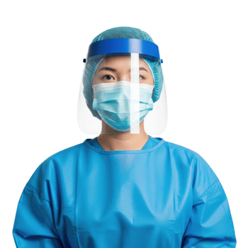 A medical professional wears a blue surgical gown, face mask, bouffant cap, and clear face shield for protection. This image is suitable for healthcare and safety themes. png