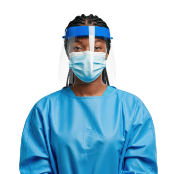 A young african american woman, likely a healthcare professional, wears a blue medical gown, a surgical mask, and a face shield for protection against contagions. png