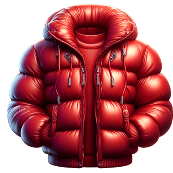 Red puffy winter jacket shiny quilted fabric png