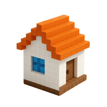 A charming house constructed from colorful building blocks, featuring an orange roof, white walls, a blue window, and a brown door, evoking a playful, pixelated aesthetic. png
