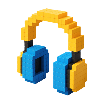 A vibrant pair of pixel art headphones in yellow and blue, perfect for themes related to music, gaming, and digital entertainment. png