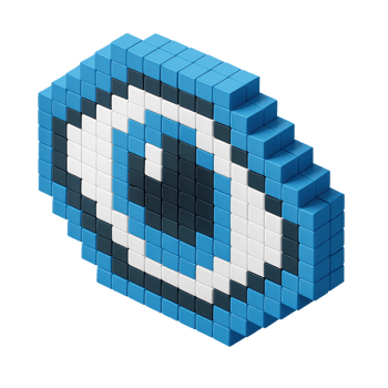A 3d pixel art eye icon, constructed from blue and white cubes in an isometric view. Represents digital vision, surveillance, or viewing concepts for technology and security. png