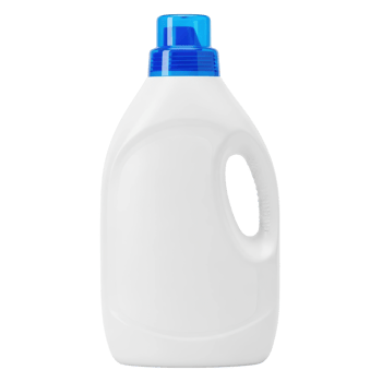 Generic white plastic bottle featuring a bright blue cap and integrated handle, ideal for laundry detergent or household cleaning product packaging mockups. png