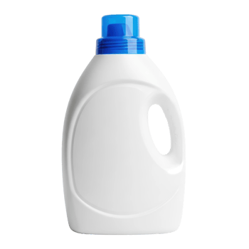 A white plastic bottle with a blue cap, ideal for laundry detergent, fabric softener, or household cleaning solutions. Perfect for product mockups or advertising. png