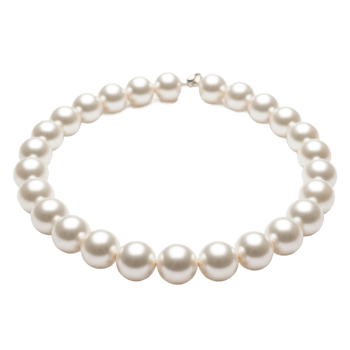 An elegant white pearl necklace featuring lustrous, perfectly matched pearls and a delicate silver clasp. Ideal for luxury, fashion, and special occasion themes. png