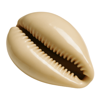 A pristine light beige cowrie shell showcases its distinctive ribbed opening and smooth, glossy surface. Ideal for themes of ocean life, beach decor, or historical currency. png