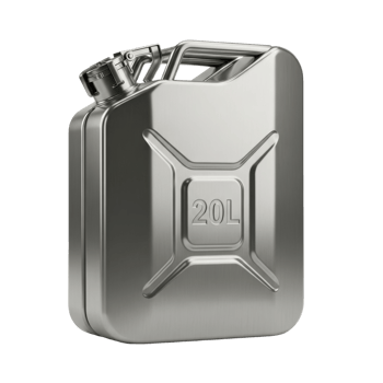 A shiny metallic 20l jerry can, commonly used for safely storing and transporting fuel or other liquids. png
