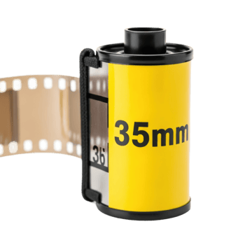 A vibrant yellow 35mm film roll with an exposed film strip emerging, perfect for illustrating vintage photography, retro media, or analog camera concepts. png