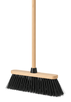 A common household cleaning tool, this broom features a natural wooden handle and black synthetic bristles, ideal for sweeping floors and maintaining cleanliness. png