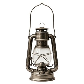 A classic vintage metal oil lantern with a clear glass globe and a sturdy carrying handle. Ideal for rustic decor, emergency lighting, or outdoor adventures. png