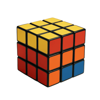 A colorful puzzle cube with yellow, red, orange, and blue faces. It represents problem solving and intellectual challenge. png