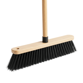 A classic push broom featuring a light wooden handle and dense black bristles, designed for effective sweeping and cleaning of various floor surfaces. png