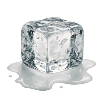 A transparent ice cube is shown in the process of melting, with a visible puddle of water spreading out at its base. png