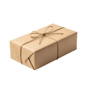 A neatly wrapped rectangular package in simple brown kraft paper, secured with natural twine and a bow. Ideal for themes of shipping, gifts, or mail. png