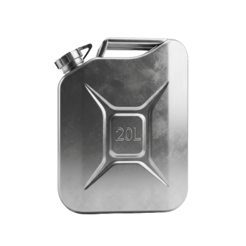 A durable silver metallic jerry can, designed for safely transporting and storing 20 liters of fuel, ideal for automotive and outdoor use. png