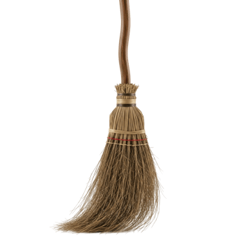 A classic straw broom with a wooden handle, perfect for sweeping floors and general household cleaning. png
