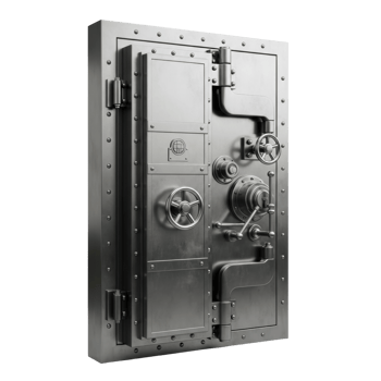 A robust, metallic bank vault door featuring multiple dials, handles, and rivets, symbolizing security, protection, and wealth storage. png