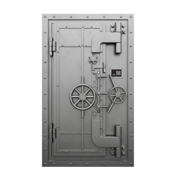 A detailed view of a robust, metallic bank vault door, featuring intricate locking mechanisms, large wheels, and a digital keypad for high security. png