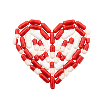 A heart symbol made from red and white pharmaceutical capsules, illustrating concepts of health, medicine, and care. png