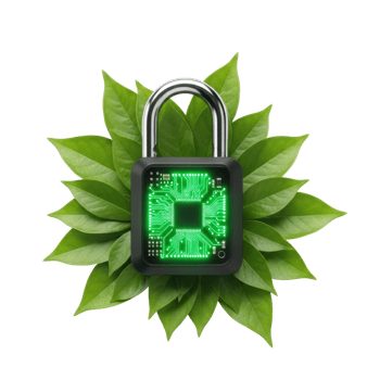 A digital padlock featuring a glowing green circuit board rests on vibrant green leaves, symbolizing eco friendly data security and sustainable technology. png