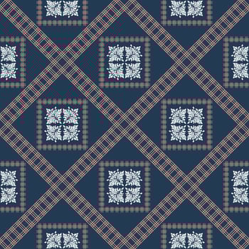 Geometric seamless pattern in blue and brown, suitable for various design projects. This repeating design creates a captivating visual impact with its symmetry and abstract geometric shapes vector