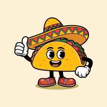Cute Taco Cartoon Character Wearing Sombrero Giving Thumbs Up, Mexican Food Mascot Illustration, Fun Fiesta Party Design for Kids, Restaurant, Menu Art vector