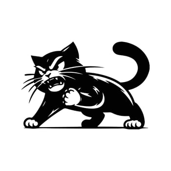 Aggressive black cat mascot with a clenched fist in a fighting stance, rendered in a bold graphic style. vector