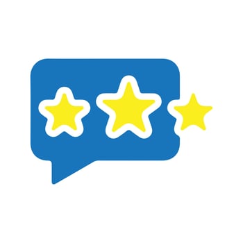 Blue speech bubble icon with three yellow stars for rating and customer feedback. vector
