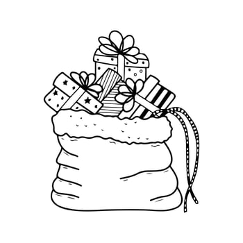 Handdrawn doodle of a large sack overflowing with wrapped Christmas presents. vector