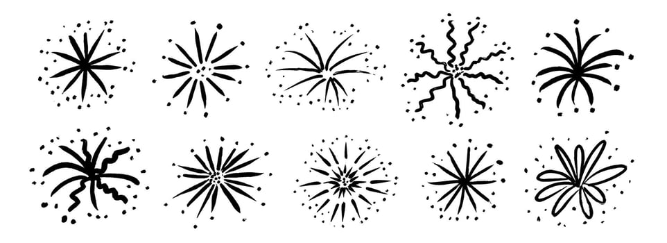 Black hand drawn firework set. Crayon doodled firecracker element collection. Pastel pencil sketch of sparkle burst, explosion, star lights. Drawn spark sticker for birthday party, decoration vector