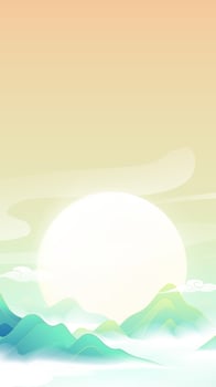 Vertical edition of Chinese wind and landscape illustration of a full moon in the mountains vector