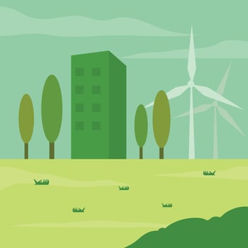 Building trees windmills and a grassy field. vector