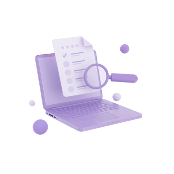 Laptop analysis tool displaying a digital checklist and magnifier isolated floating presentation png