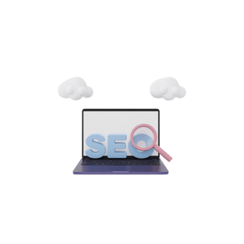 Investigating SEO strategies on a laptop screen with a magnifying glass revealing opportunities png